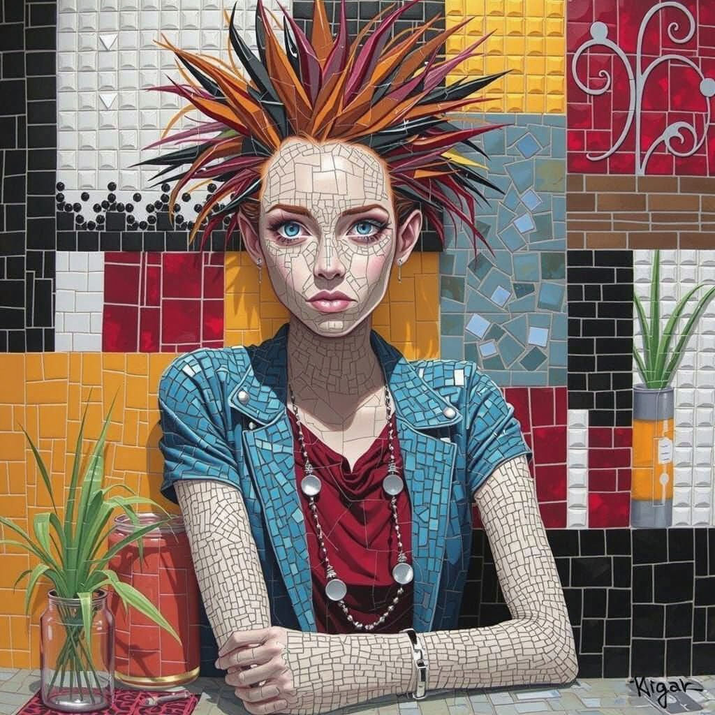 Mosaic Punk Woman Portrait with Glass Shard Hair