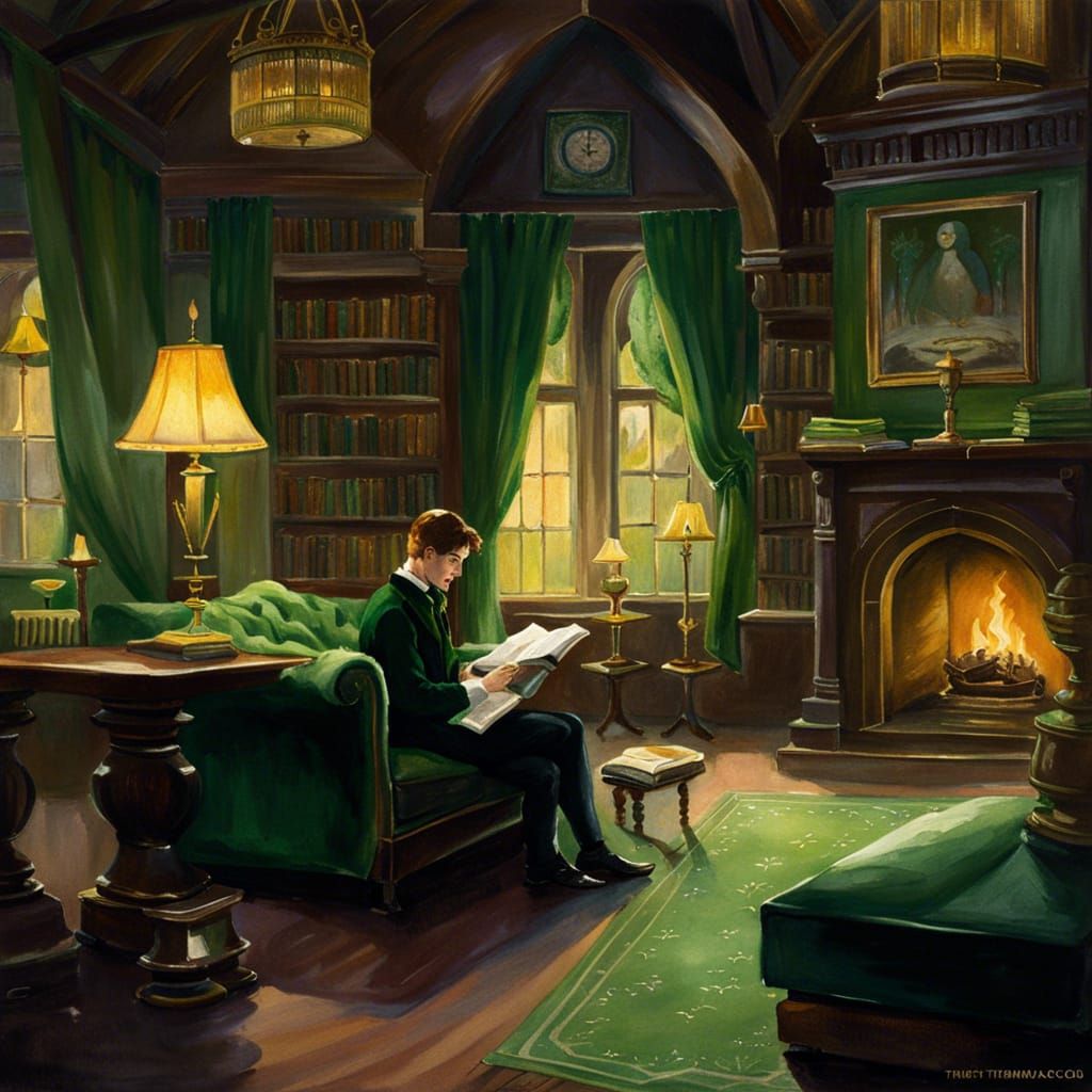 Slytherin Student Reading: Atmospheric Watercolor Painting