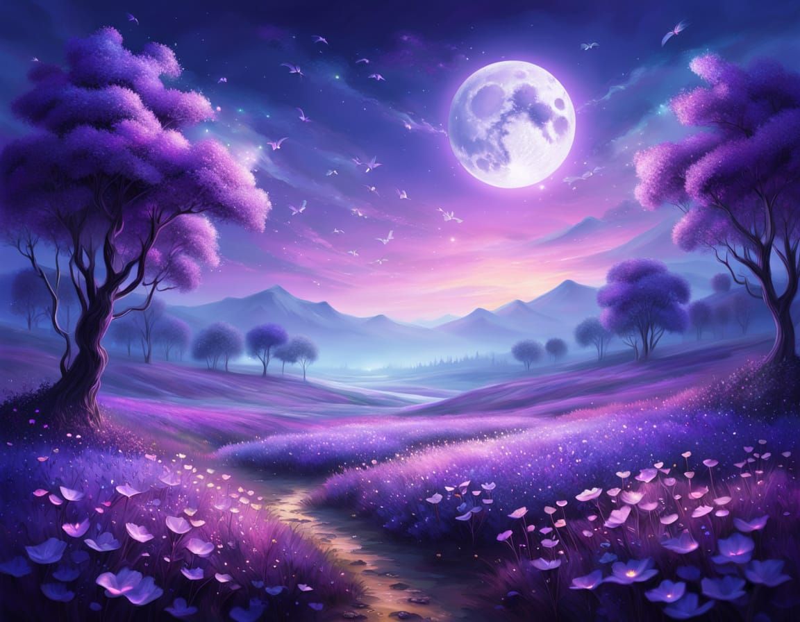 Enchanted Dreamscape: Glowing Flowers Under Full Moon