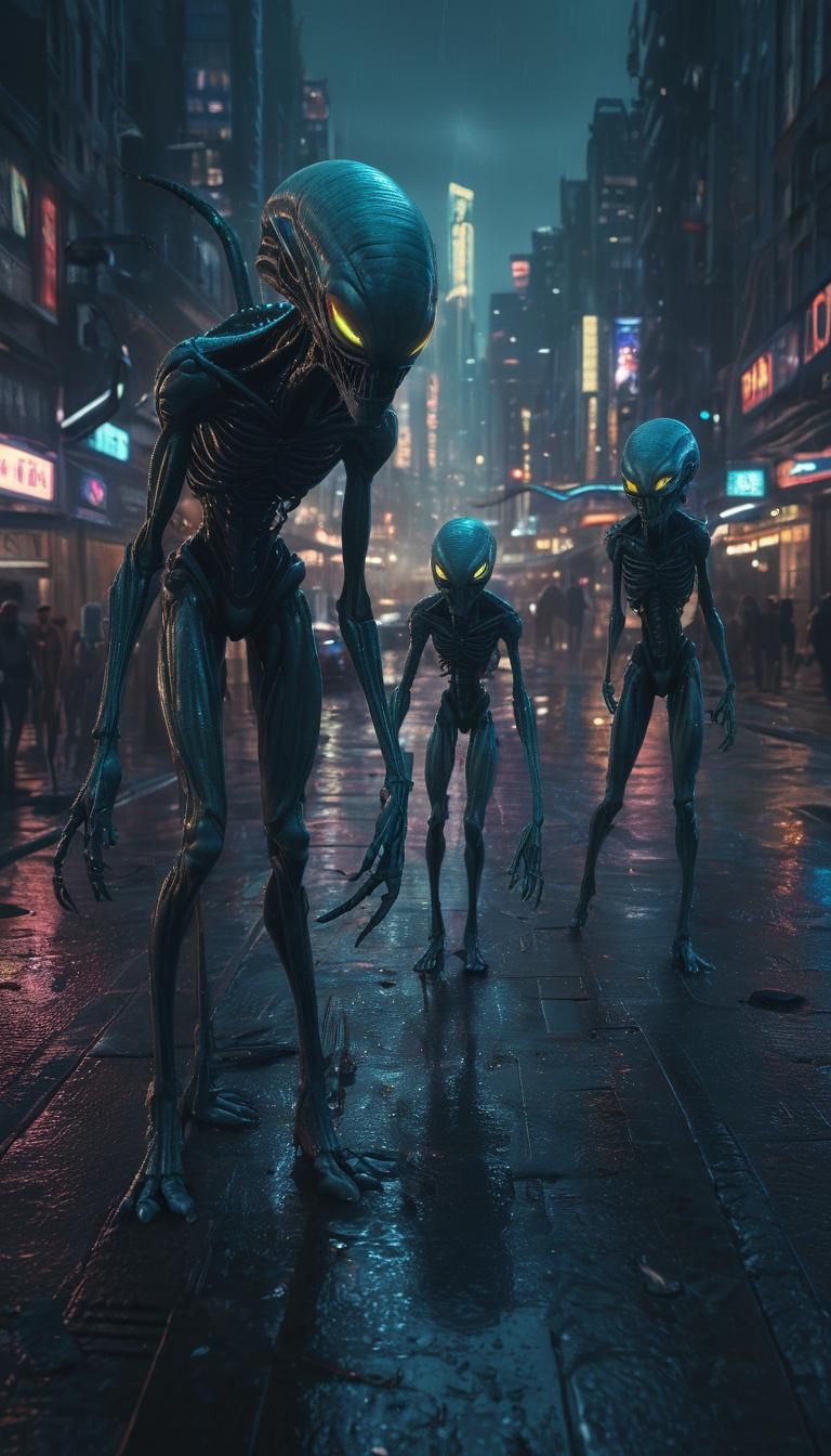Aliens Take a Selfie in Futuristic Cityscape