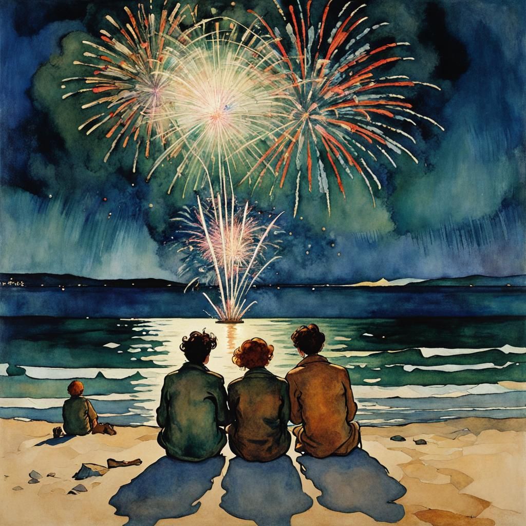 Beach Fireworks in Expressionist Style