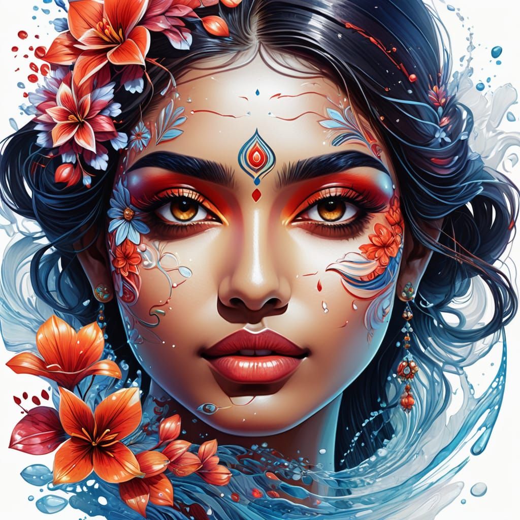 Indian Goddess in Vibrant Nighttime Landscape with Constella...