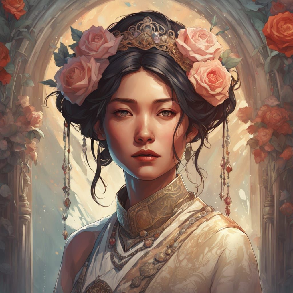 Asian Goddess of Flowers with Roses and Jewels