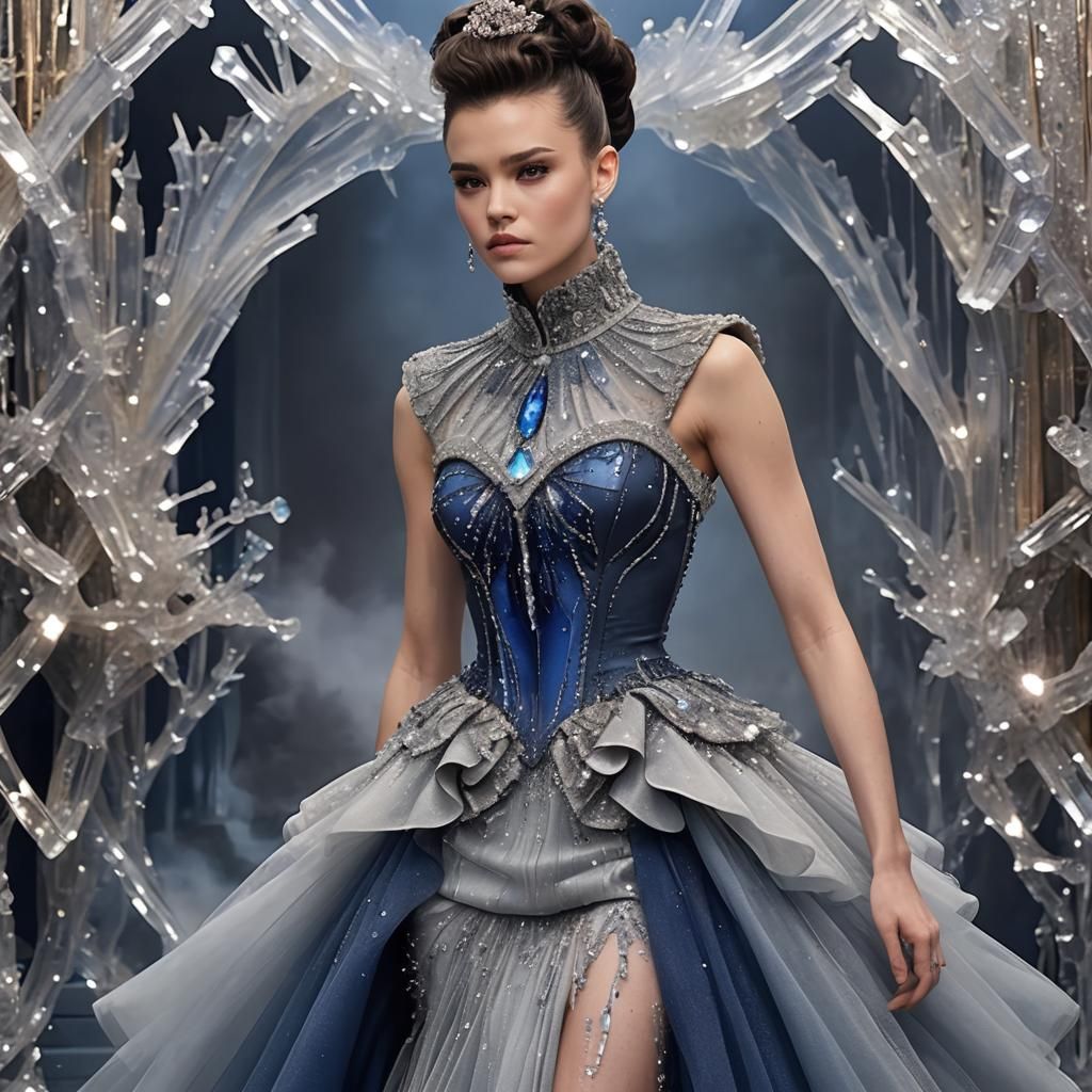 Woman in Encrusted Dress in Ballroom