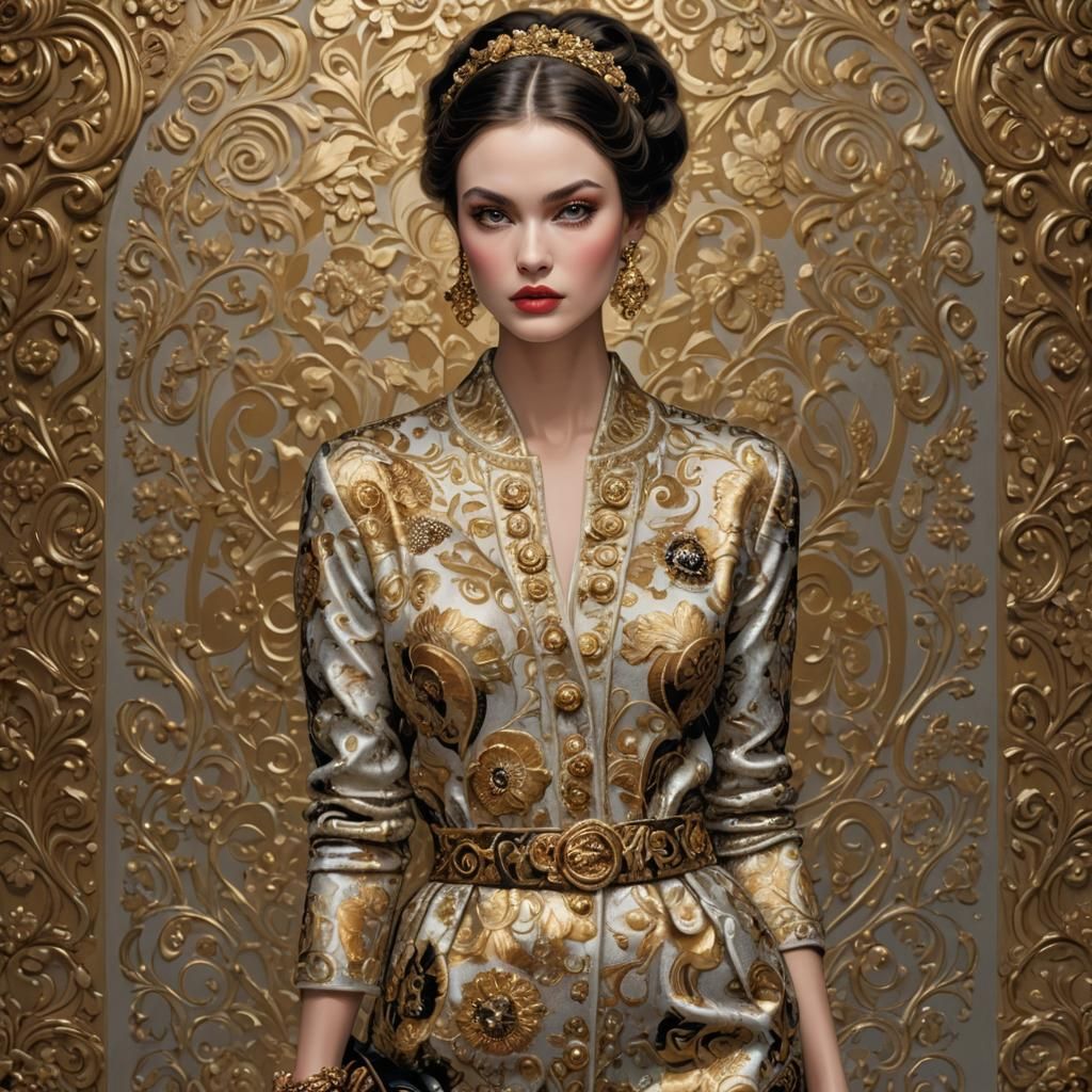 Supermodel in Brocade Cardigan: Hyperreal Fashion Illustrati...