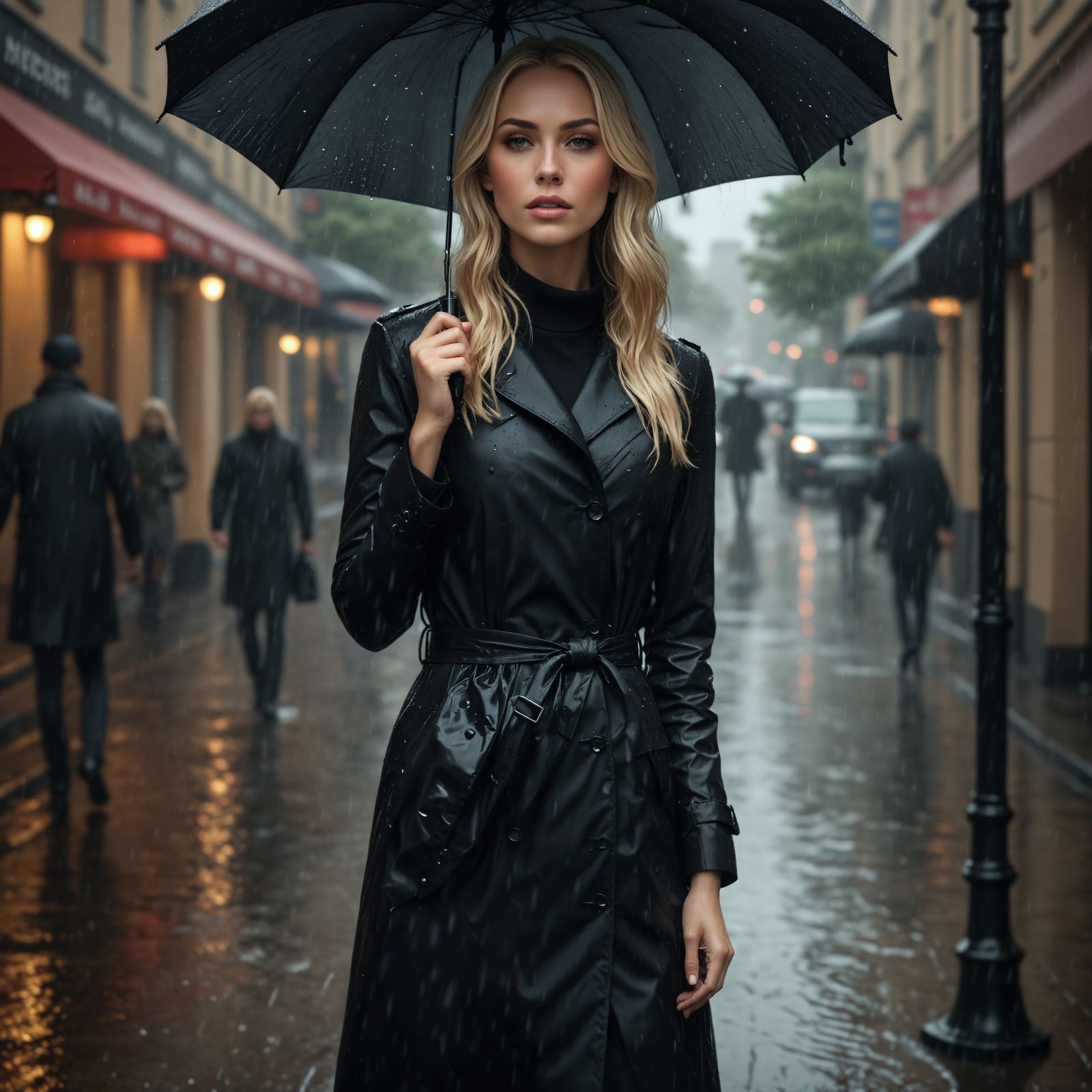 Sophisticated Young Woman in Rainy City Streets