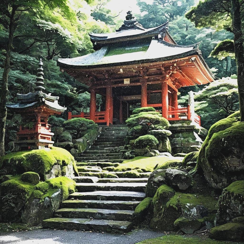 Japanese Temple in Lush Forest Scene
