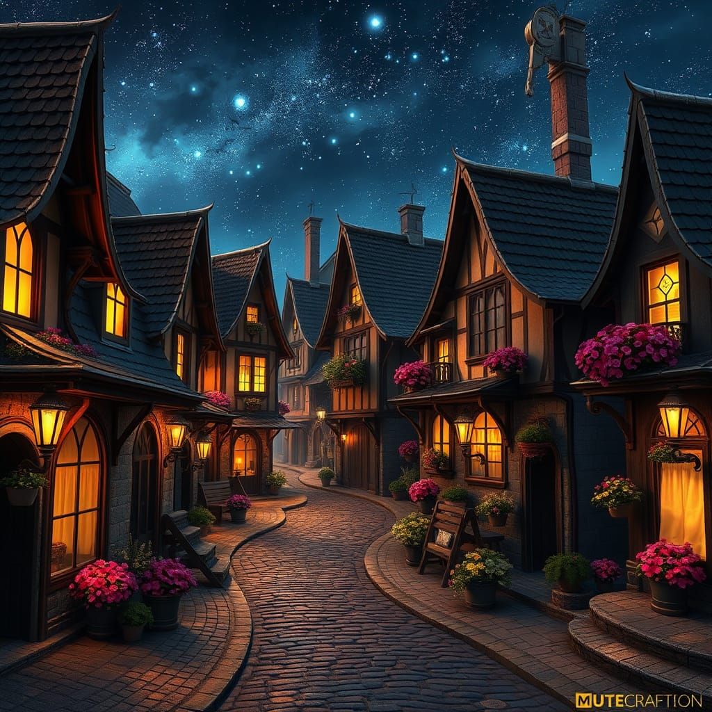 Fantasy Town at Night: Detailed Matte Painting