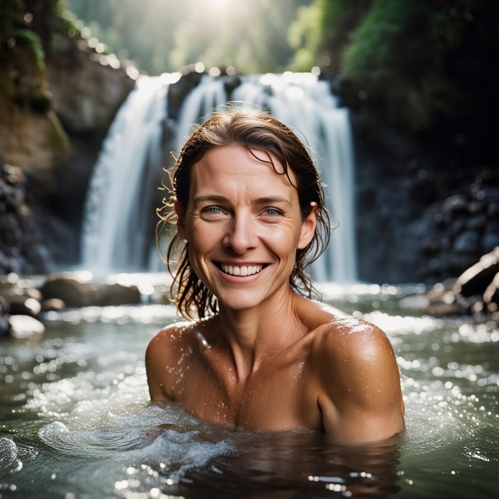 Woman Bathes in Waterfall: Sharp Focus Portrait