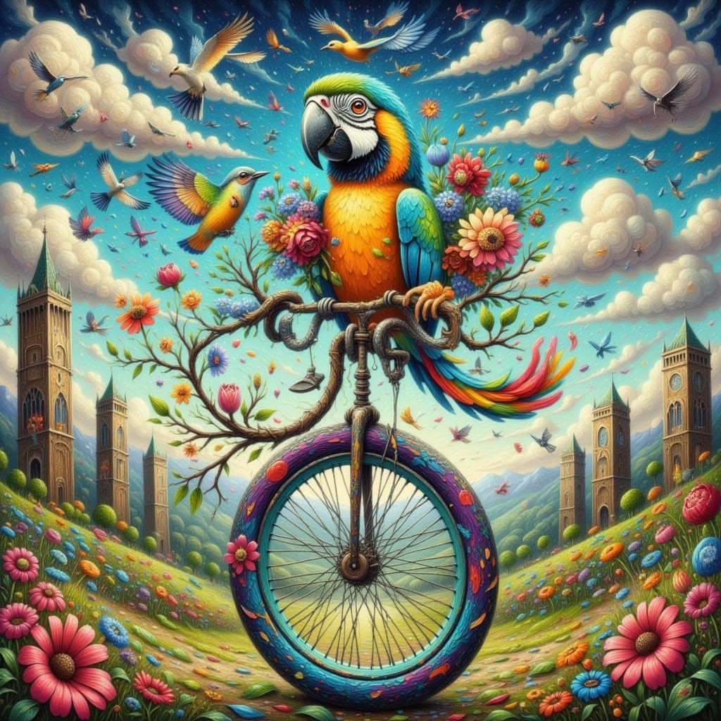 Imagine a whimsical, vibrant colorful parrot riding a unicyc...