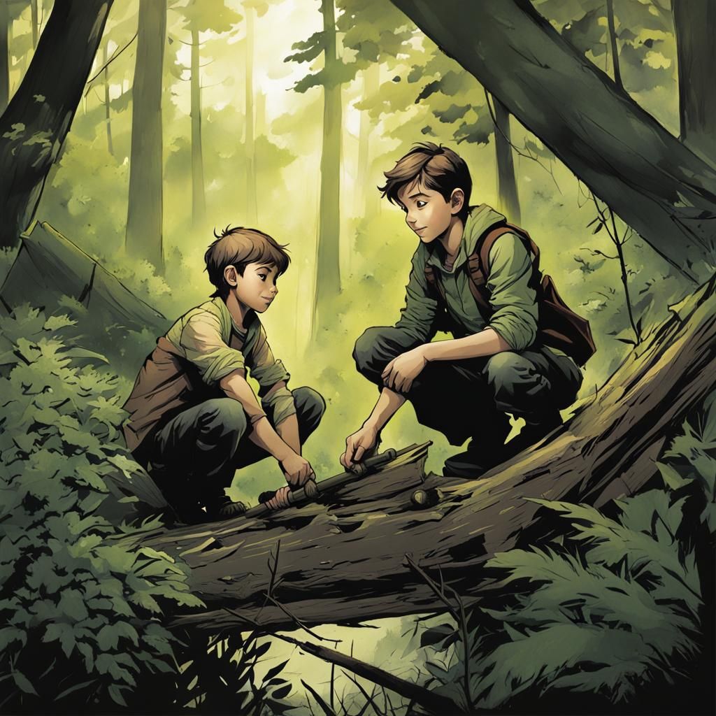 Father and Son Building a Fort: Ligne Claire Illustration