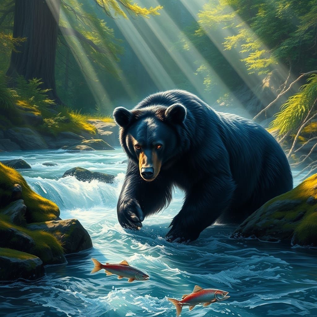 Black Bear Hunting Salmon in Misty River Landscape
