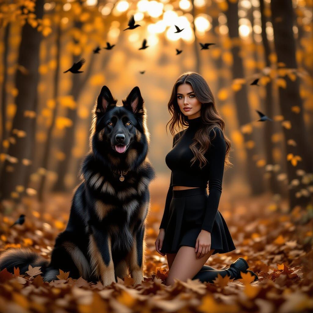Woman and German Shepherd in Autumn Forest
