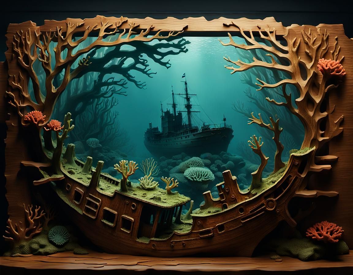 Sunken Ship Bas-Relief Sculpture in Golden Hour
