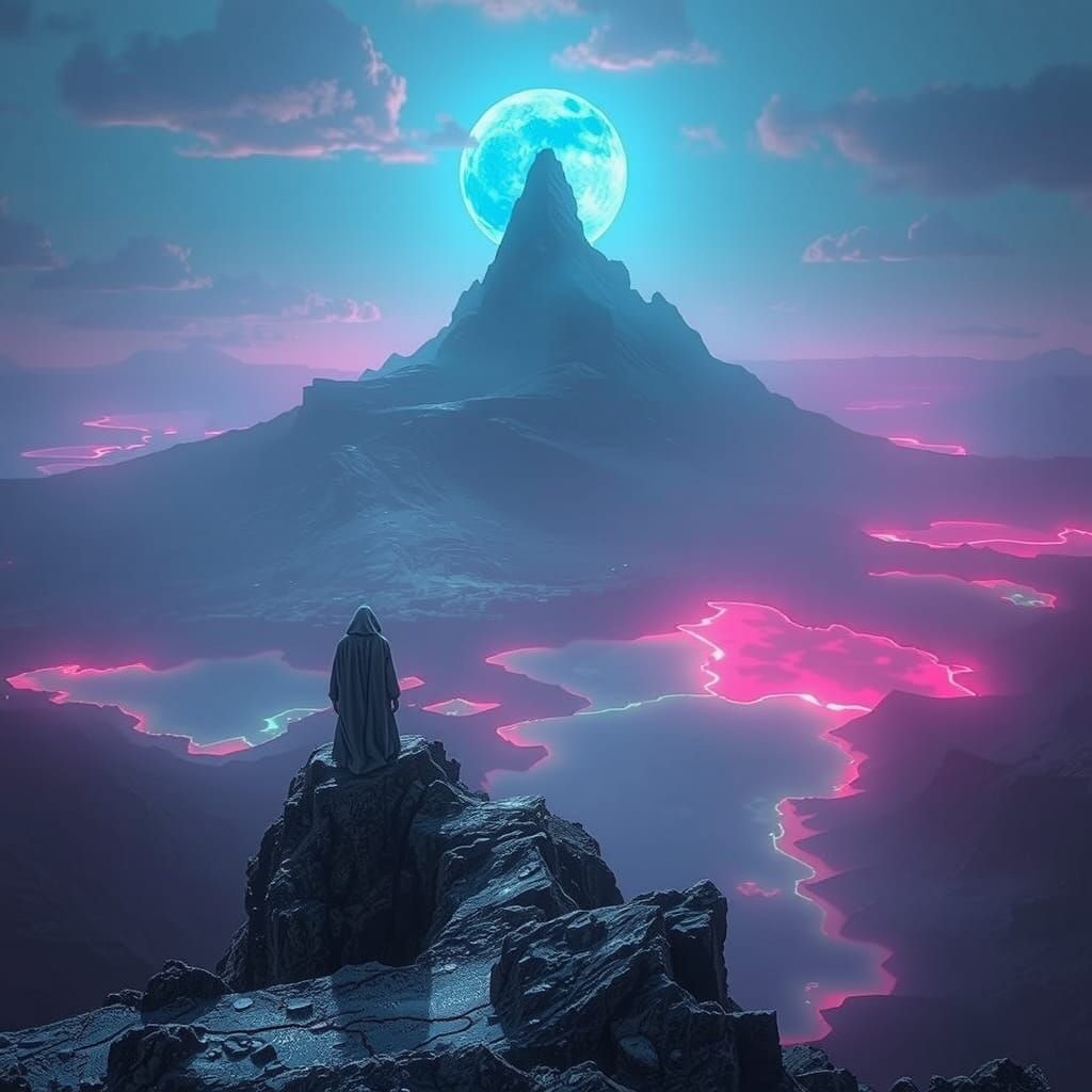 Ethereal Figure on Crystalline Mountain in Digital Art Style