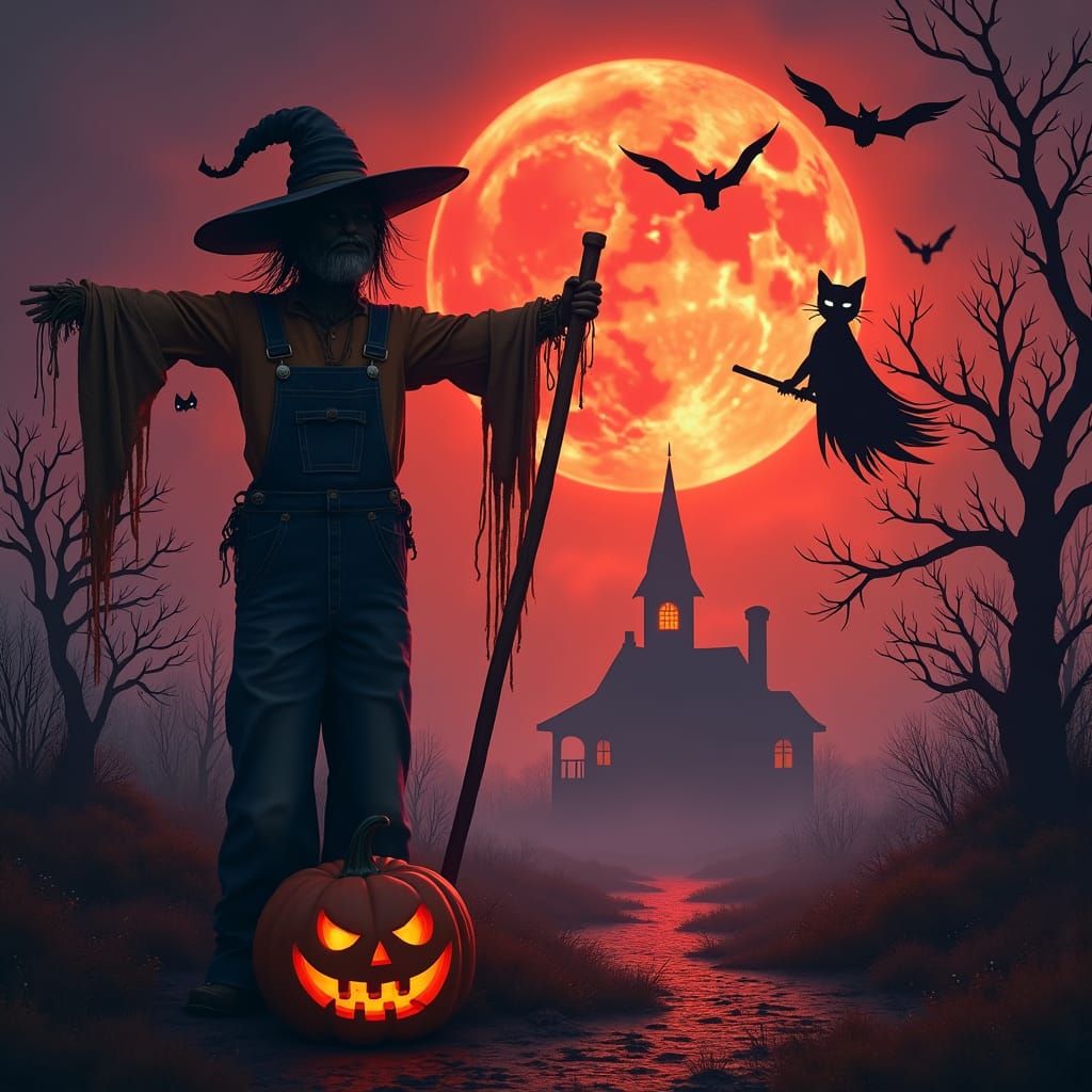 Halloween Scarecrow Scythe Under Red Moon