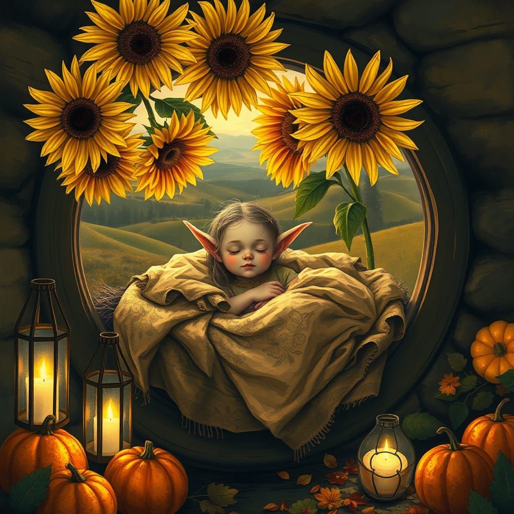 Elf Asleep in Sunflower Nest, Expressive Painting