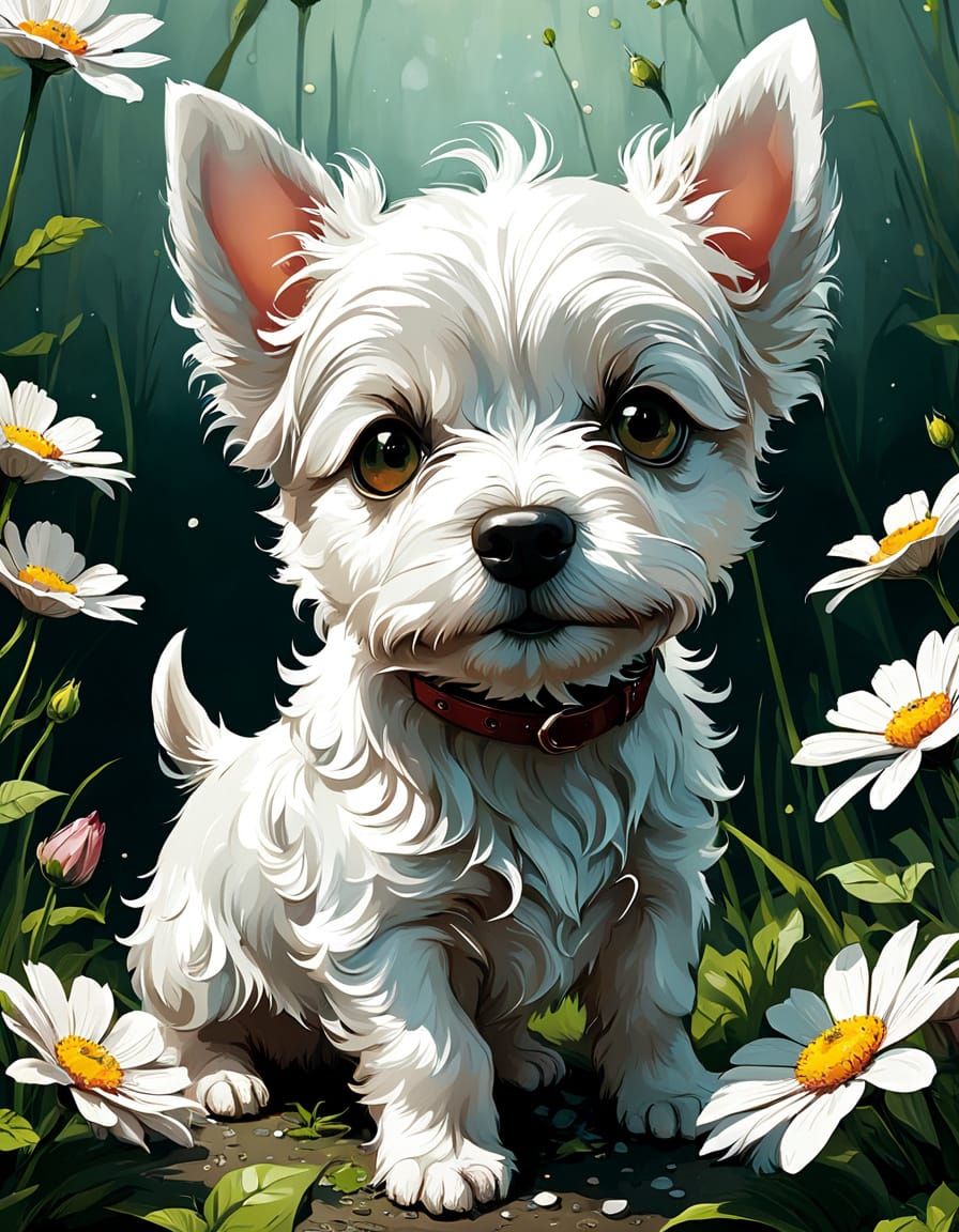 Adorable Westiepoo Puppy in Floral Spring: Digital Art