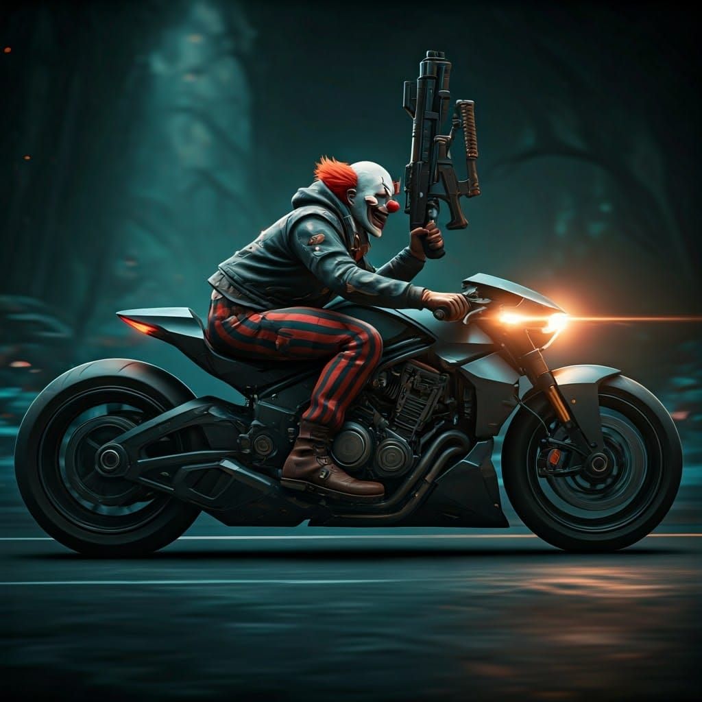 Menacing Clown Rides Motorcycle in Sci-Fi Fantasy Style