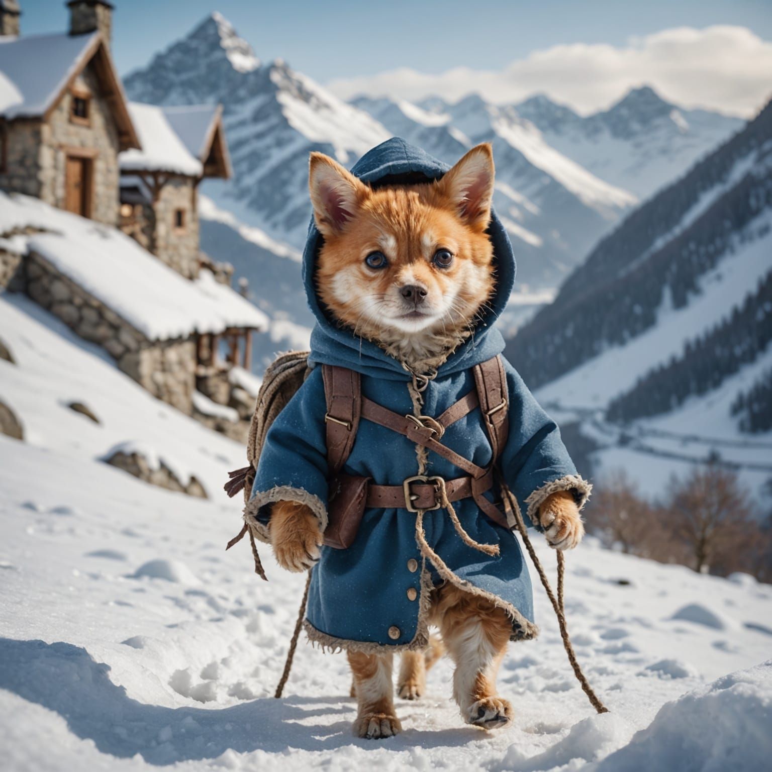 Ginger Dog's Winter Journey in Detailed Matte Painting