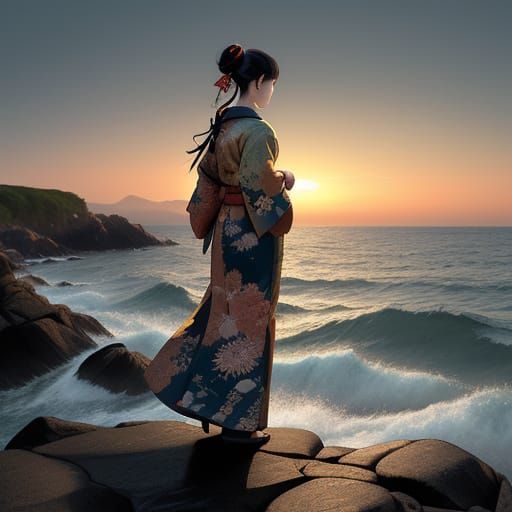 Serenely Standing Woman on Rocky Shoreline in Traditional Ja...