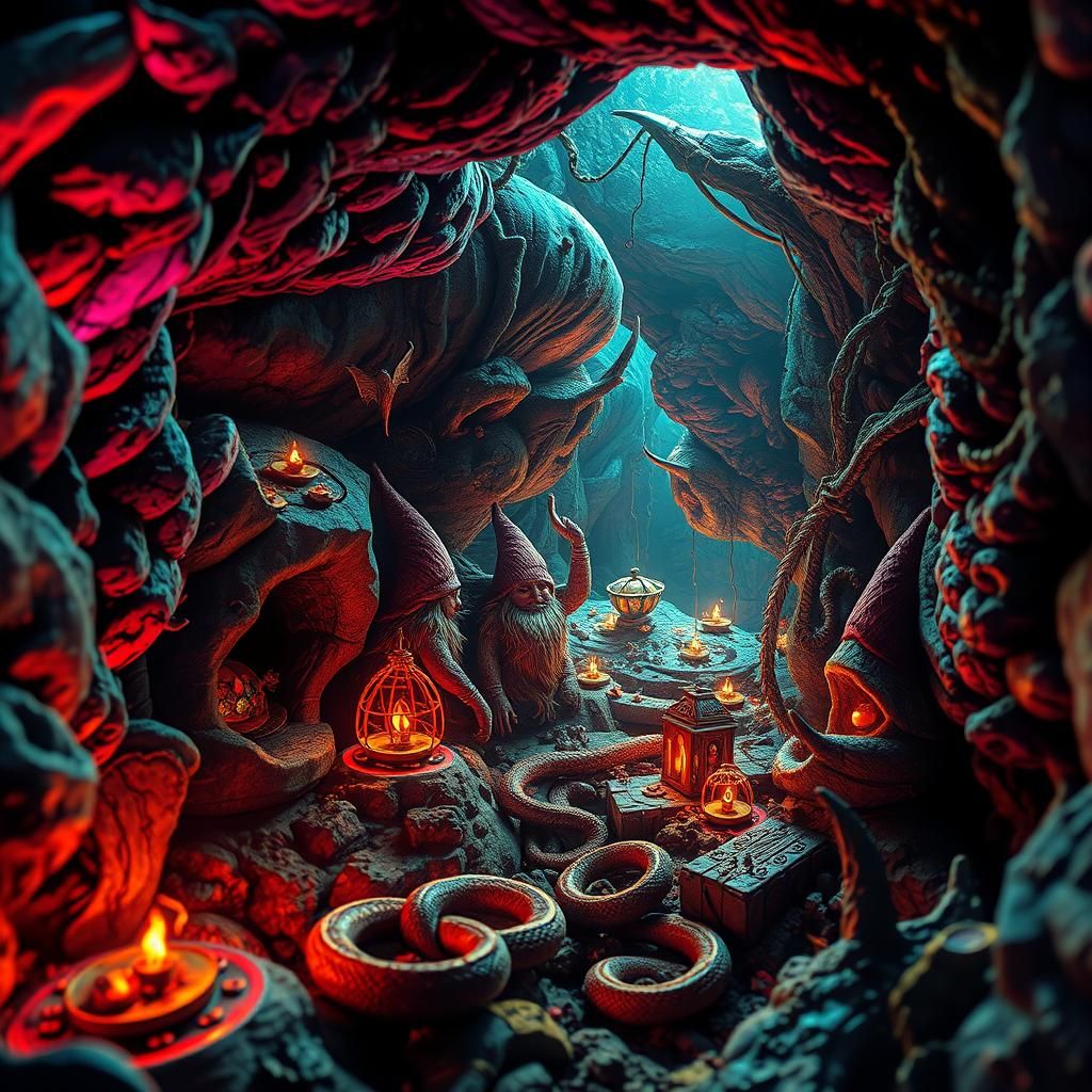 Gnomes' Cavern of Treasures in Retrowave Giger Style