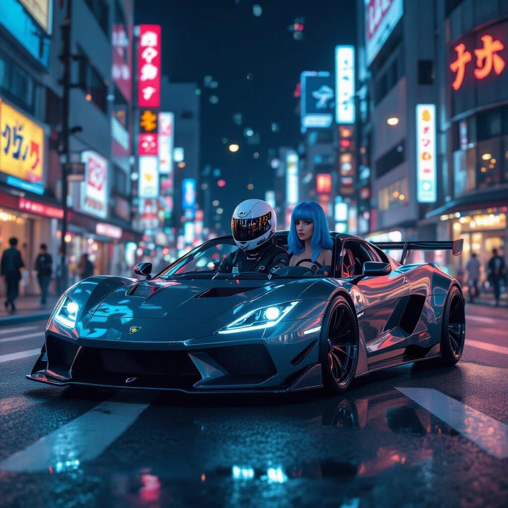 Futuristic Sports Car in Tokyo Night, Digital Matte Painting