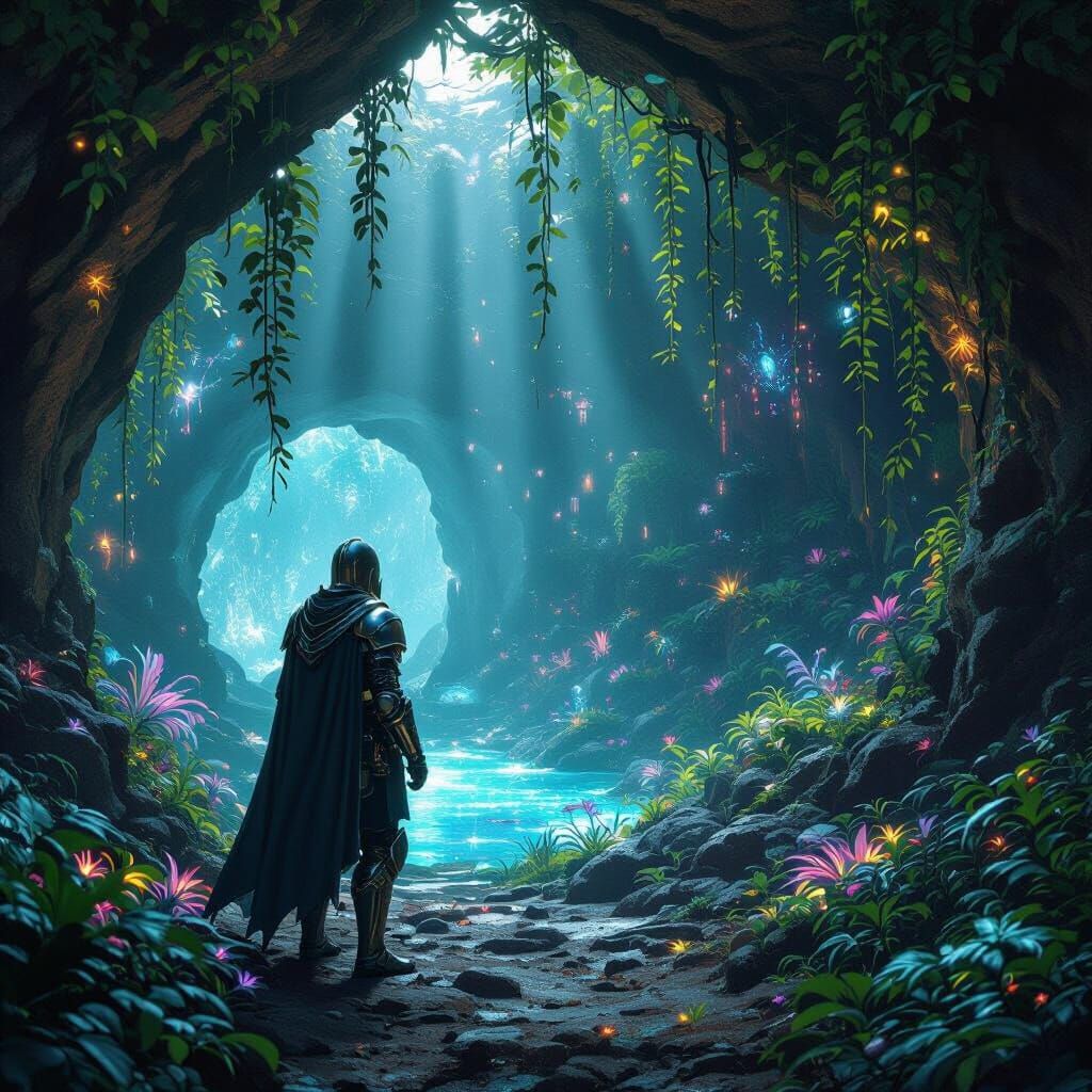 Brave Knight Discovers Bioluminescent Grotto on Alien Planet