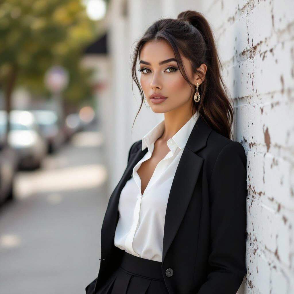 Elegant Woman in Urban Portrait, Photorealistic Style