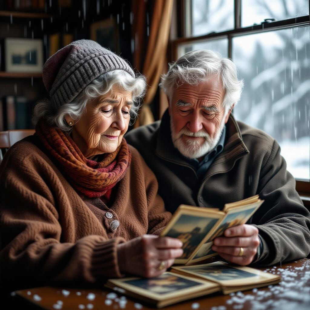 Elderly Couple Reminiscing in Rainy Weather