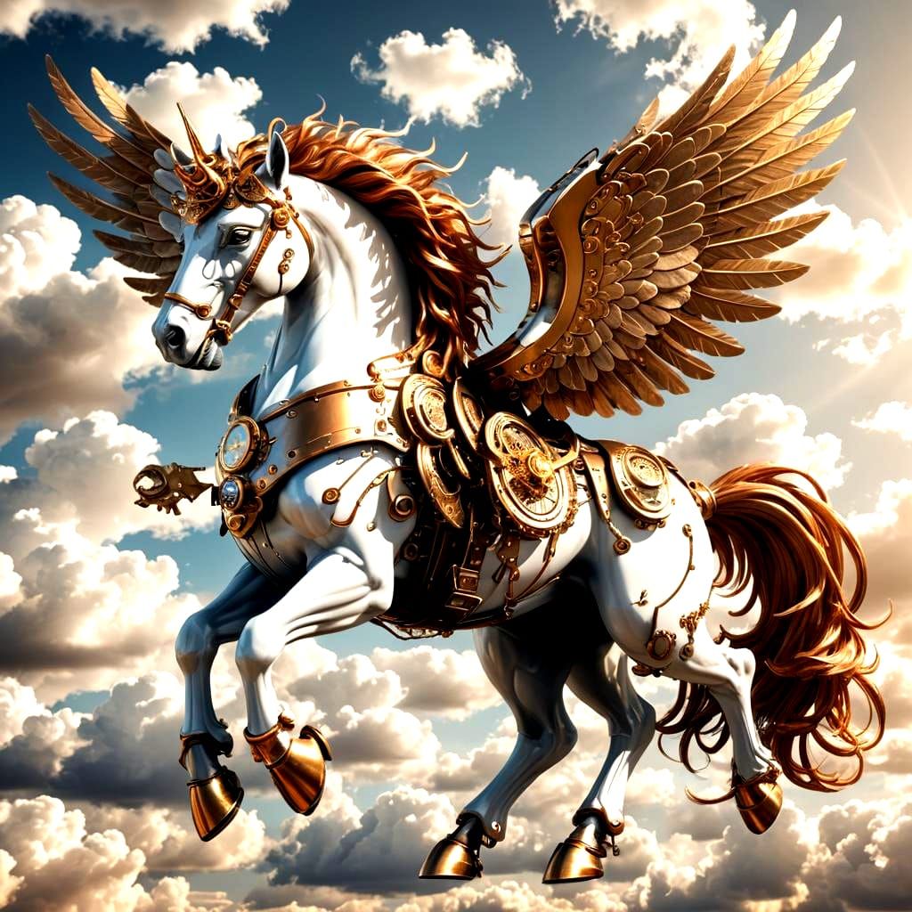 Hyperrealistic Steampunk Pegasus in the Clouds
