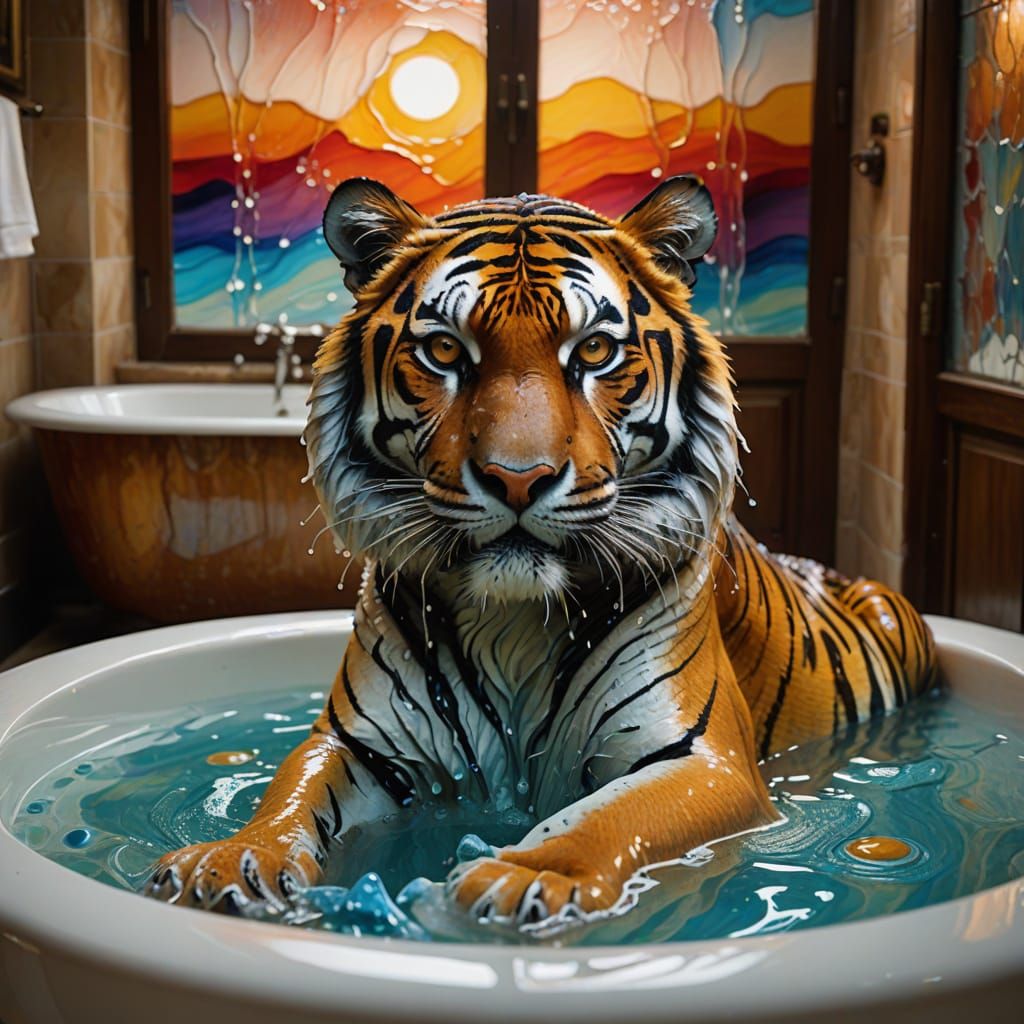 Surreal Tiger on a Bathtub in Vibrant Oil Painting