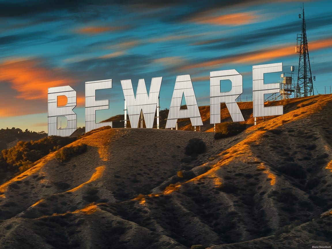 Ominous Hollywood Sign at Sunset Reads "BEWARE"