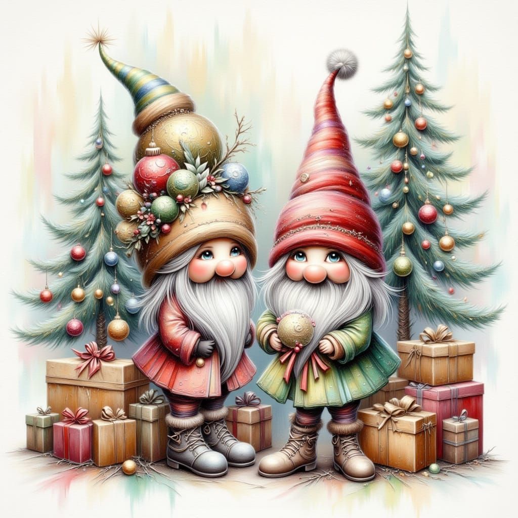 Festive Gnomes Decorating Christmas Tree in Whimsical Style