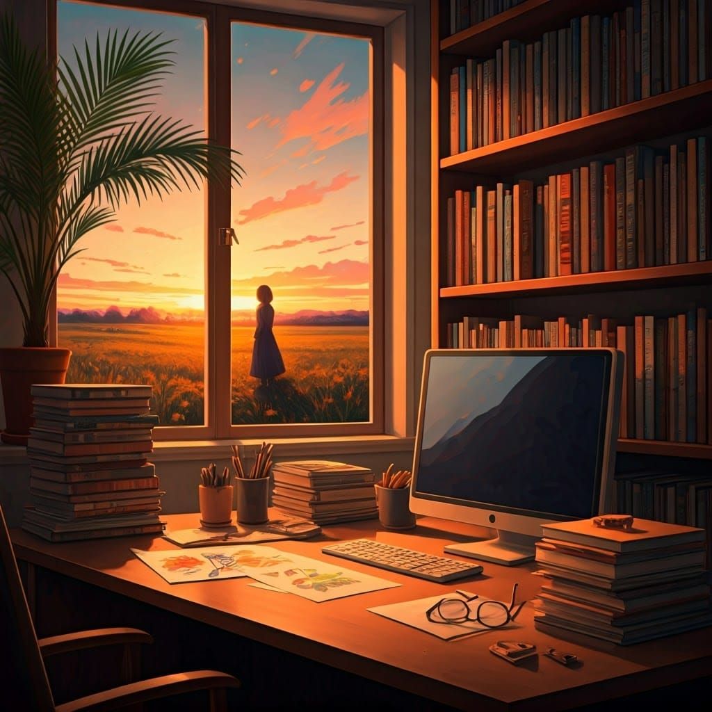 Cozy Room with Sunset View in Watercolor Style