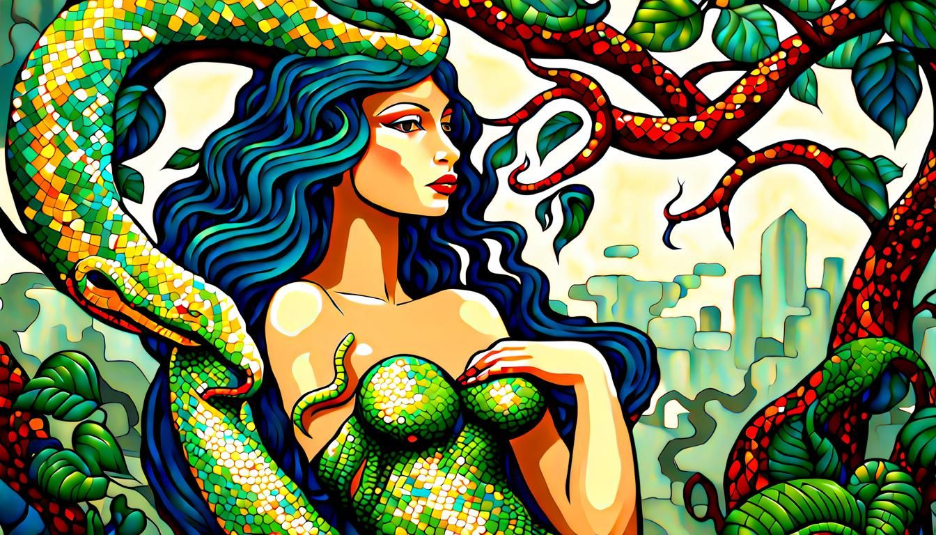 Snake Woman Climbing Tree in Pointillism Neo-Cubism Style