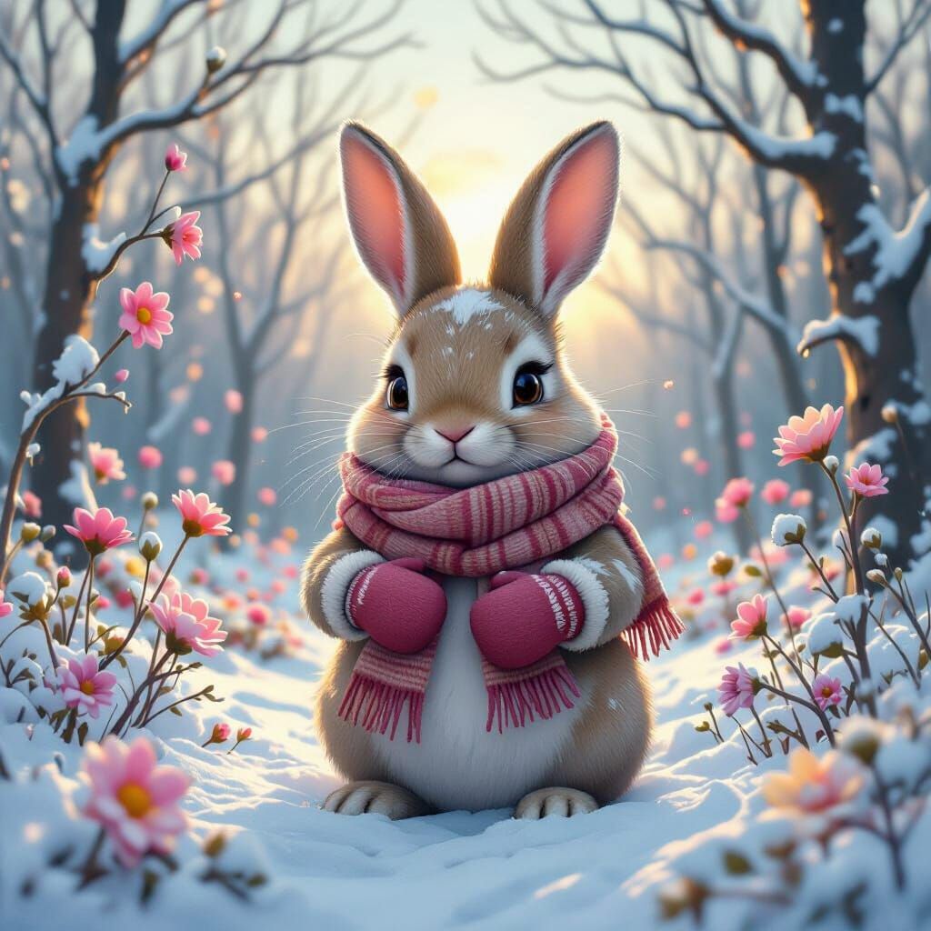 Sad Rabbit in Winter Forest: Hyperrealistic Candy Art