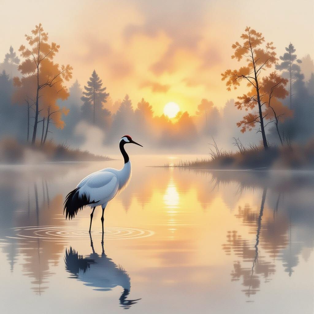 Crane in Misty Lake: Watercolor Painting