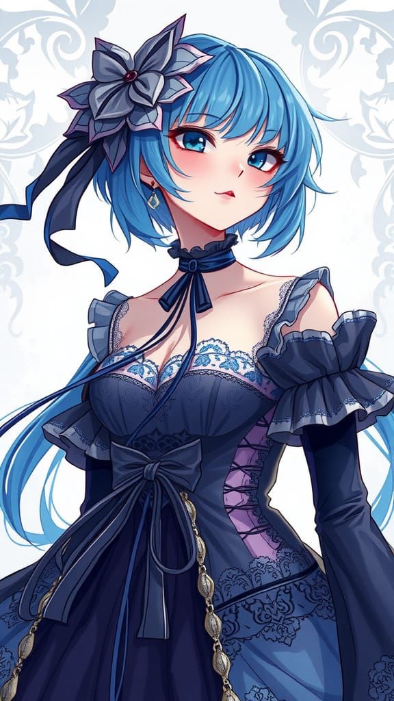Anime Woman with Blue Hair in Gothic Dress