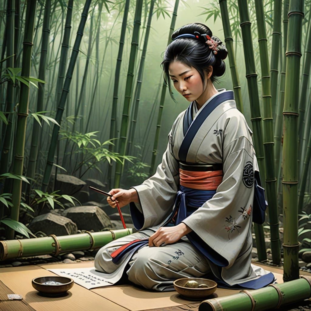 Geisha in Bamboo Garden: A Sumi-e Ink Painting