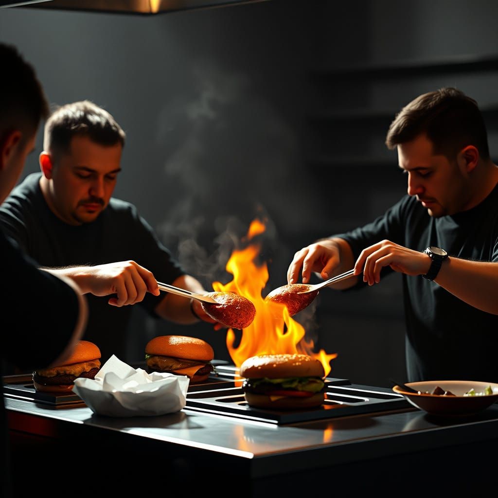 Men in Black Frying Burgers in Realistic 3D