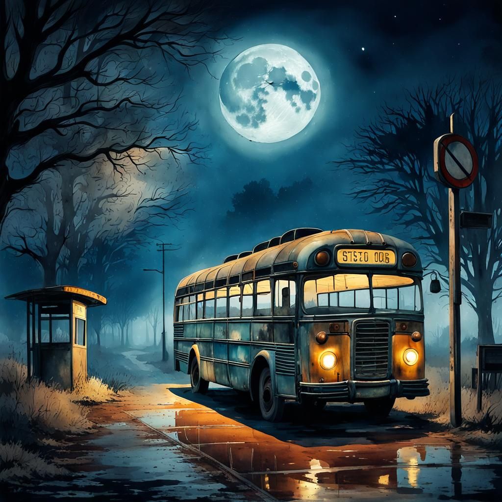 Abandoned Bus Stop at Night in Watercolor Style