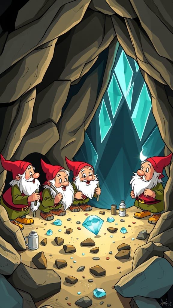 Classic Disney Dwarfs at Work in a Diamond Mine Scene