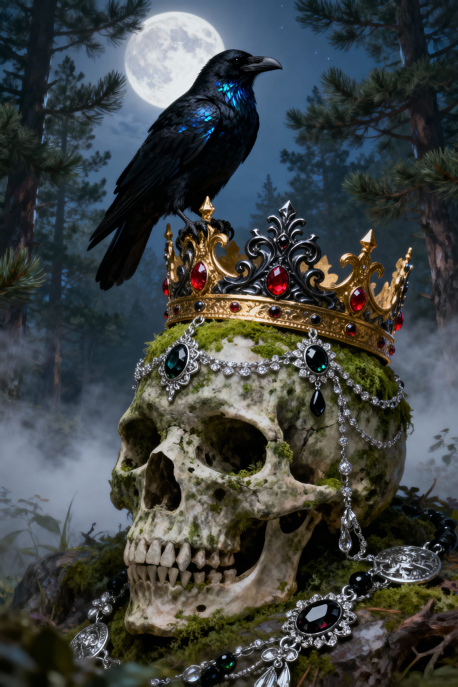 Raven King on Crowned Skull in Moonlit Forest
