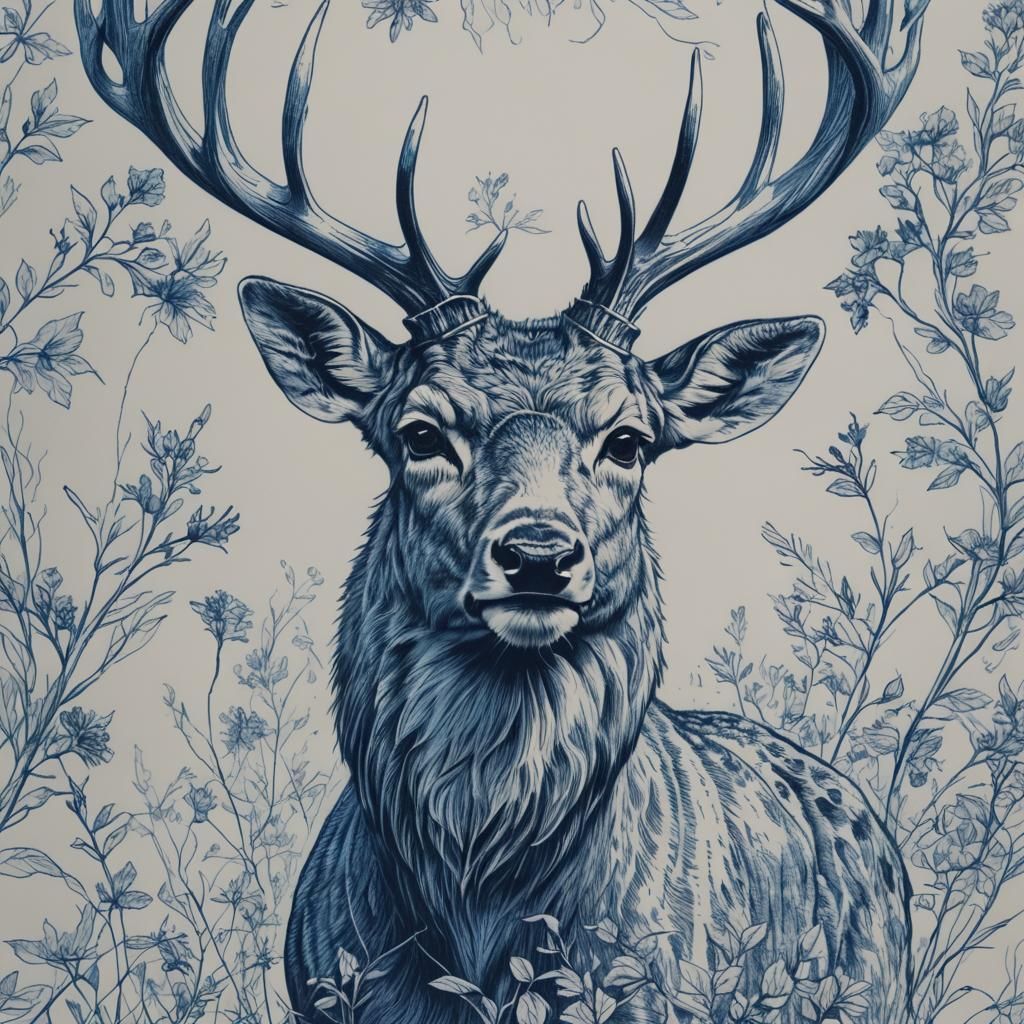 Blue Biro Line Drawing of a Deer