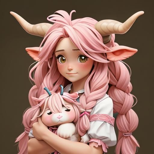 Highland Cow with Pink Braids and Ribbons
