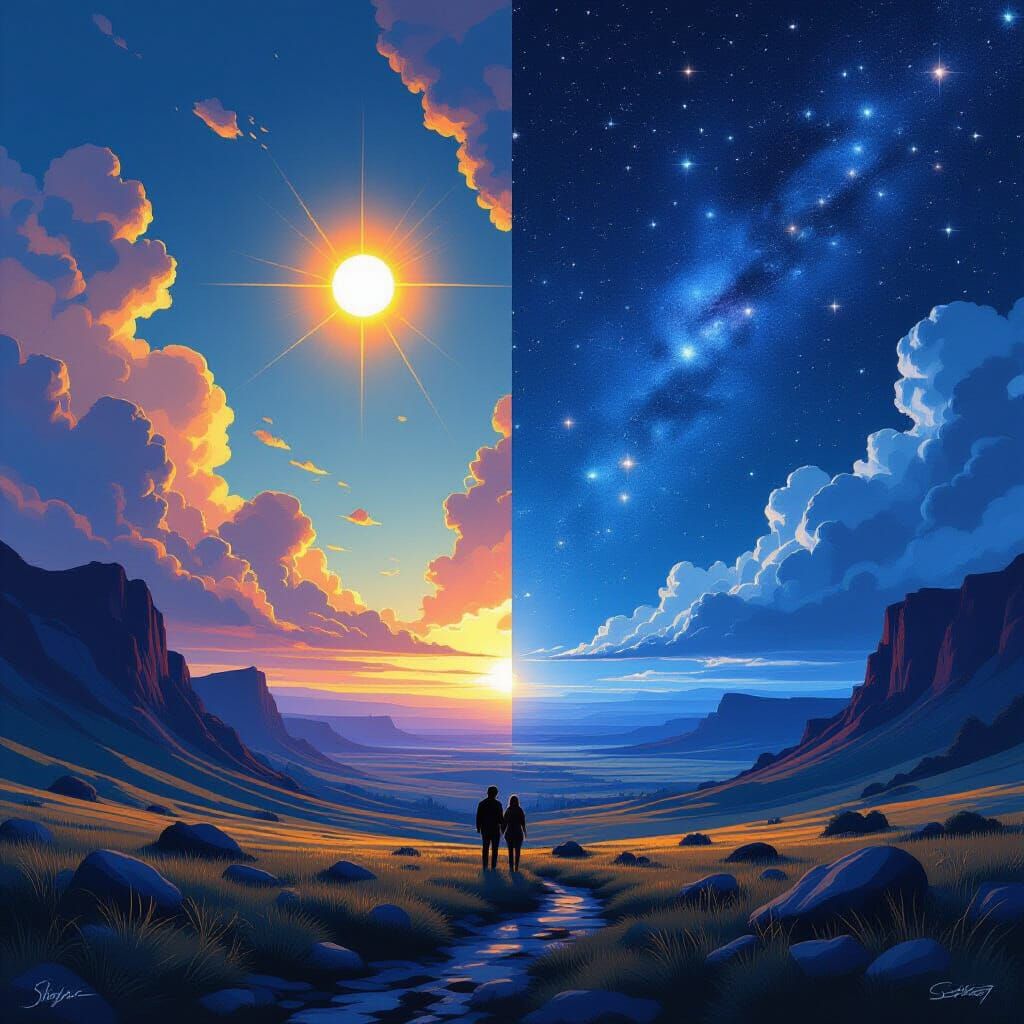 Day and Night Landscape in Digital Art Style