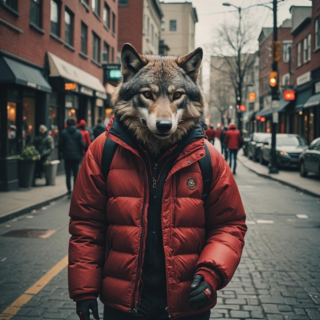 Anthro Wolf in Red Puffer Jacket, Cinematic Style