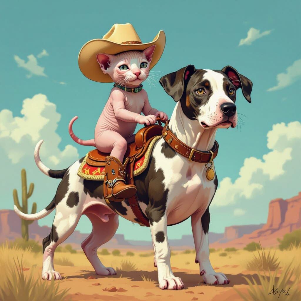 Kitten Cowboy Rides Great Dane in Whimsical Style