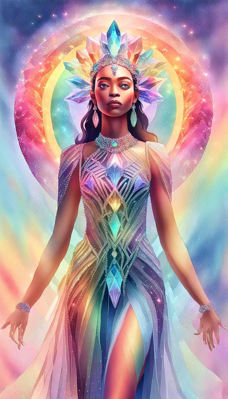 Rainbow crystal goddess, (ethereal figure), intricate crysta...